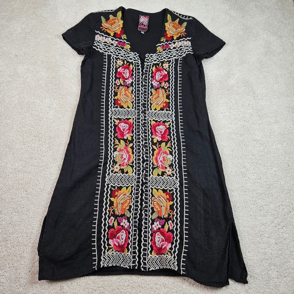 Johnny Was JWLA Sz XS Linen Dress Boho Folk Floral Embroidered Artisan Festival